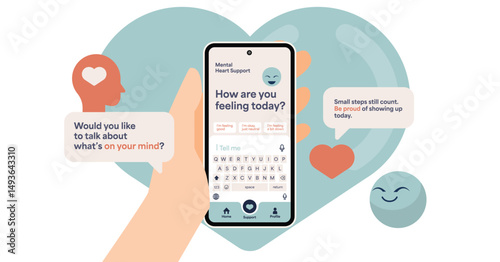 AI Mental Health Support App UI – Chatbot for Emotional Well-being Vector Illustration