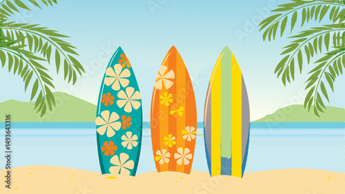 Colorful surfboards stand ready for a day of fun and adventure on a sandy beach with palm trees