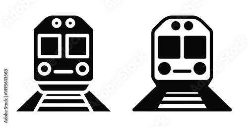 Two simple black and white train icons on tracks