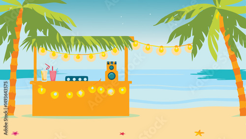 A vibrant beach bar beckons with music and refreshing drinks under palm trees creating a summer