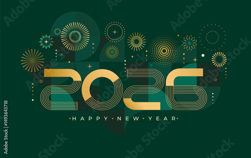 Luxury 2026 New Year.Elegant card for event with abstract golden fireworks and golden numbers on deep green background with geometric pattern. Template for poster,flyer,web,banner. Vector illustration