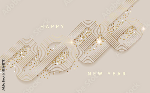 2026 New Year simple linear banner with numbers from golden lines and shimmer. Luxury template for greeting card, invitation, poster, flyer, web. Premium vector design for New year and Christmas