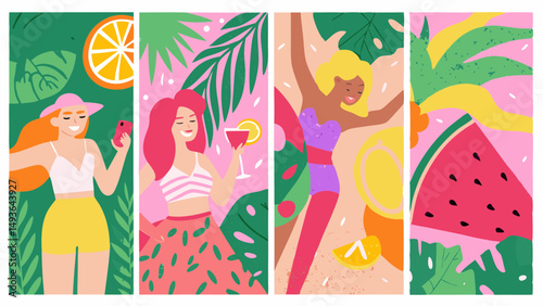 Summer bliss showcases women celebrating life with tropical fruits and foliage in a fun graphic