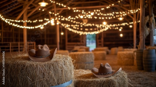 Two cowboy hats sit atop hay bales in a rustic barn lit with string lights, suggesting a country wedding or event.