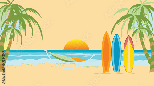 Dreamy beach escape with surfboards awaiting adventure as the sun sets creating a perfect tropical
