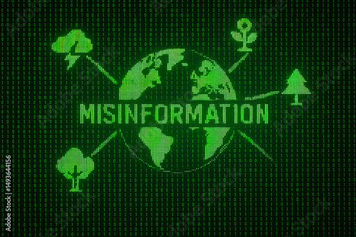 The image depicts a digital representation of the world with symbols representing misinformation affecting nature