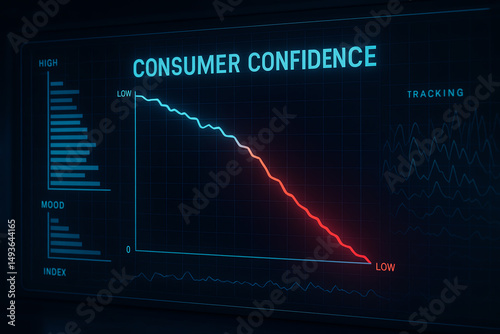 A digital visualization of consumer confidence, featuring a downward trend line graph displaying mood and index levels. Ideal for illustrating economic challenges.