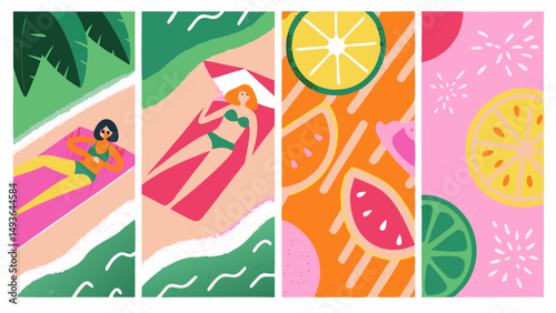 Summer dream escape with colorful beach scenes and playful fruit pattern artwork in bright pastel