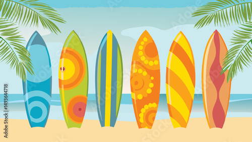 A vibrant array of surfboards standing tall on the golden shore inviting adventures and summer days