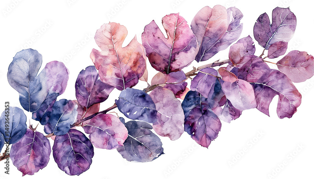 Obraz premium a delicate watercolor painting depicts a branch of fig leaves in varying shades of purple, lavender, and muted blue against a clean white background.