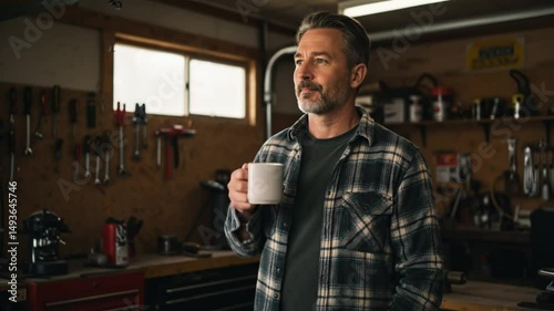 Man drinking coffee in garage while pondering tools and materials  