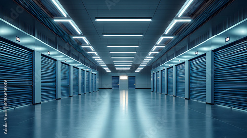Modern storage facility interior with blue metal doors creating a clean organized space : Generative AI