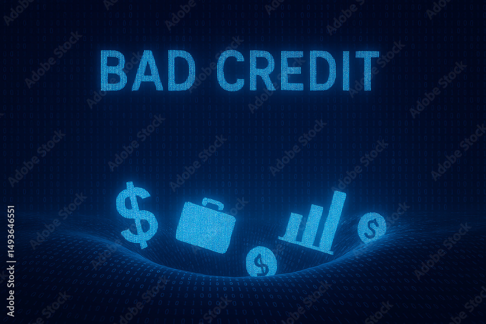 A digital representation of bad credit, featuring icons like money, a briefcase, and a graph on a blue background. This image highlights financial challenges.