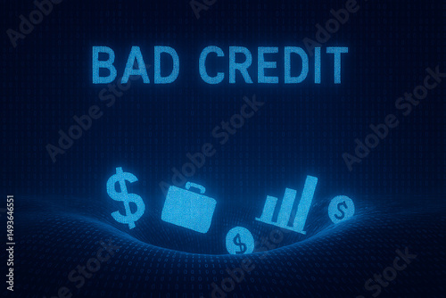 Obraz na płótnie A digital representation of bad credit, featuring icons like money, a briefcase, and a graph on a blue background. This image highlights financial challenges. w salonie