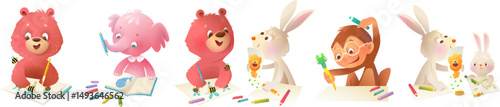 Animals drawing art class. Cute bear elephant rabbit and monkey at art school painting with watercolors. Animals characters for children preschool and elementary education. Vector isolated clipart