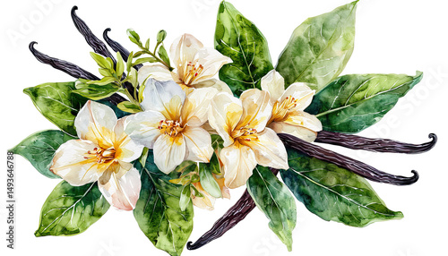 Fototapeta Naklejka Na Ścianę i Meble -  a delicate watercolor painting depicts vanilla orchid blossoms and bean pods surrounded by lush green leaves.