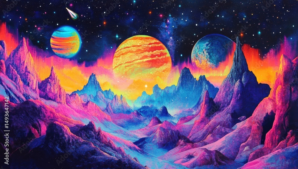 Fototapeta premium Vibrant, otherworldly landscape with vibrant planets and fiery mountains against a starry night sky