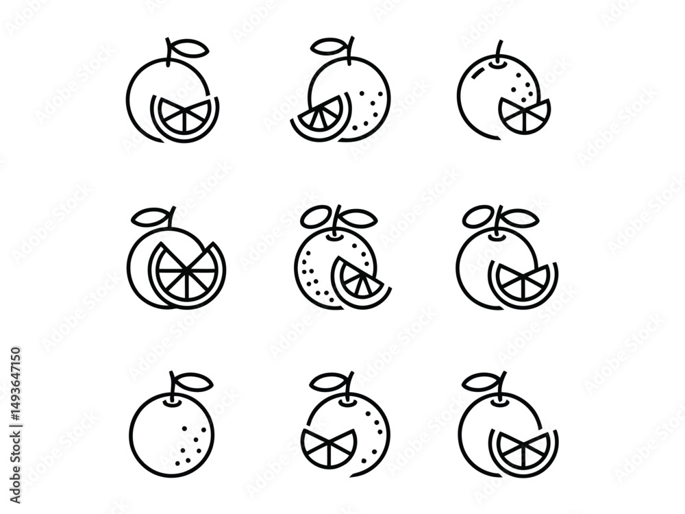 Nine simple line art illustrations of oranges and orange slices.