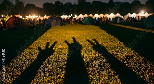Enjoying Camping at Night with Hand Shadows on the Grass
