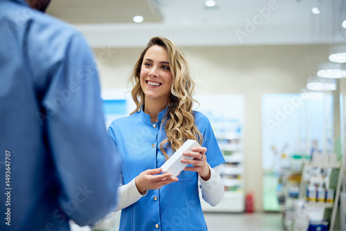 Smiling Female Pharmacist Assisting a Customer in a Modern Pharmacy Setting