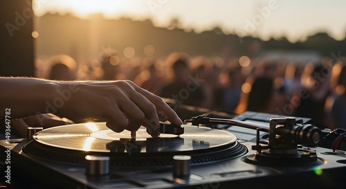 Hand Playing Music on Turntable at Outdoor Event During Sunset