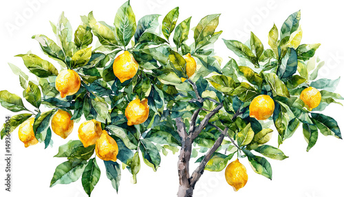 a vibrant watercolor painting depicts a lemon tree laden with ripe, golden fruit and lush green foliage.