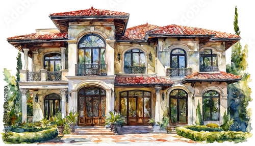 Fototapeta Naklejka Na Ścianę i Meble -  a detailed watercolor painting depicts a grand, mediterranean-style villa with ornate architectural details, a terracotta tile roof, and lush landscaping.