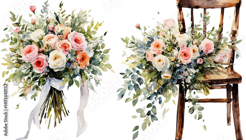 Fototapeta Naklejka Na Ścianę i Meble -  a watercolor illustration depicts a lush bouquet of roses and eucalyptus alongside a vintage wooden chair adorned with a similar floral arrangement.