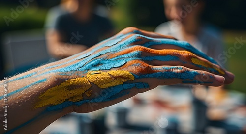 Hand Covered in Blue and Yellow Paint Outdoors