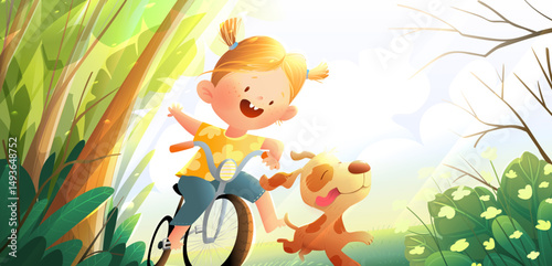 Nature wild sunny forest landscape with little girl riding bicycle and her pet dog running. Childhood happiness and friendship, kid playing in nature. Vector cartoon illustration for children.