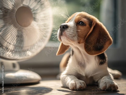 beagle puppy sitting next to a modern tabletop fan photo