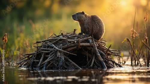 A beaver sits on a lodge made of branches in the middle of calm water at sunset. Concept of wildlife, construction, and natural habitat.