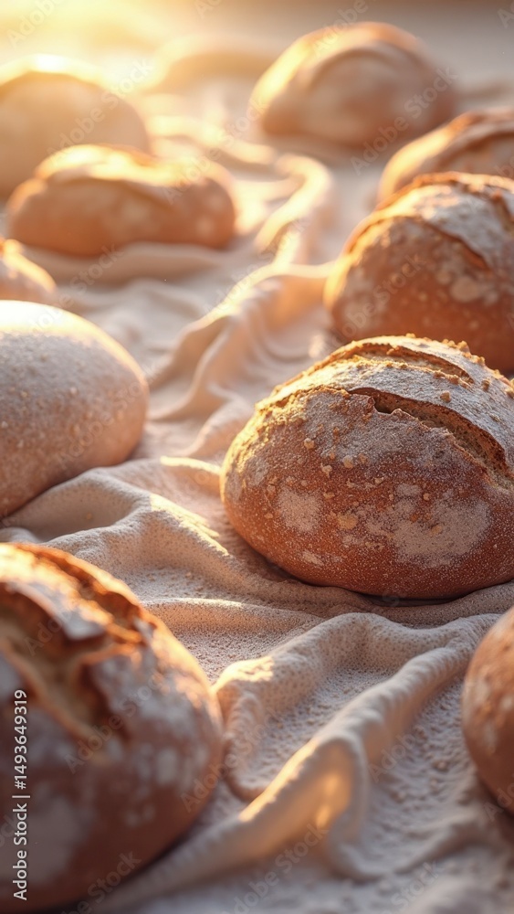 Freshly baked artisan bread loaves on soft cloth at sunrise Freshly baked artisan bread loaves on soft cloth at sunrise