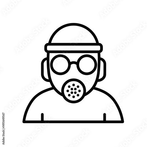 Person wearing gas mask and goggles in a minimal line art style  