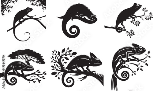 Six silhouettes of chameleons on branches and trees