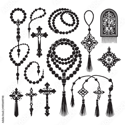 Black Color Rosary Silhouette Vector Illustration, Solid White Background. minimal vector design