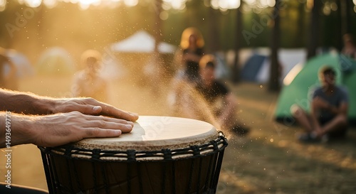 Playing Hand Drum at Outdoor Gathering with Warm Sunset Light