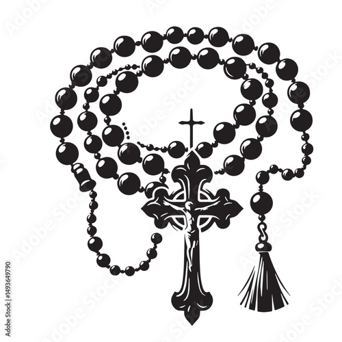 Black Color Rosary Silhouette Vector Illustration, Solid White Background. minimal vector design