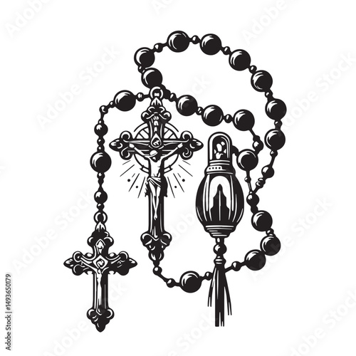 Black Color Rosary Silhouette Vector Illustration, Solid White Background. minimal vector design