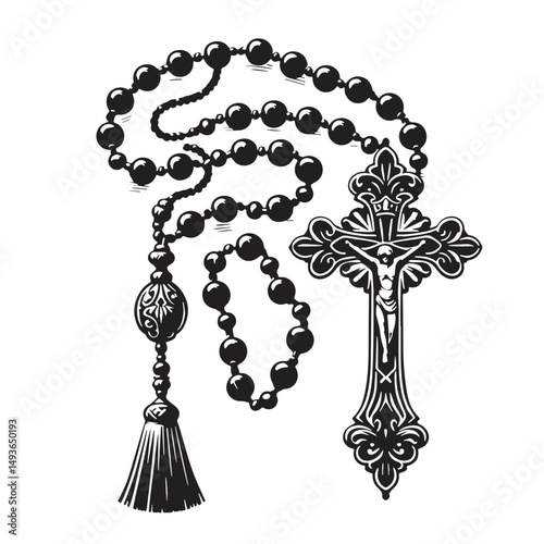 Black Color Rosary Silhouette Vector Illustration, Solid White Background. minimal vector design