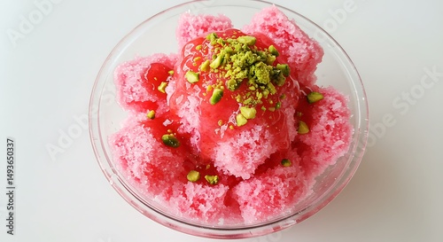 Wallpaper Mural Bici Bici Pink Shaved Ice Dessert With Fruit Syrup Drizzle And Pistachio Sprinkles In Clear Glass Bowl Under Soft Light Torontodigital.ca