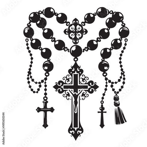 Black Color Rosary Silhouette Vector Illustration, Solid White Background. minimal vector design