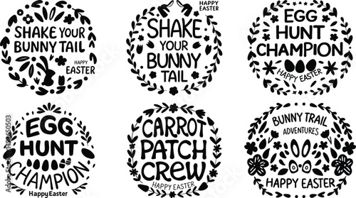Black and White Easter Typography Set with Spring Icons