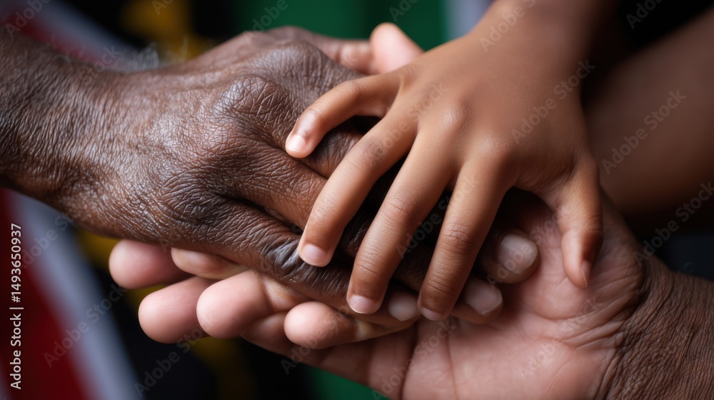 Fototapeta premium Connection and unity during Juneteenth celebration with hands representing generations and shared history