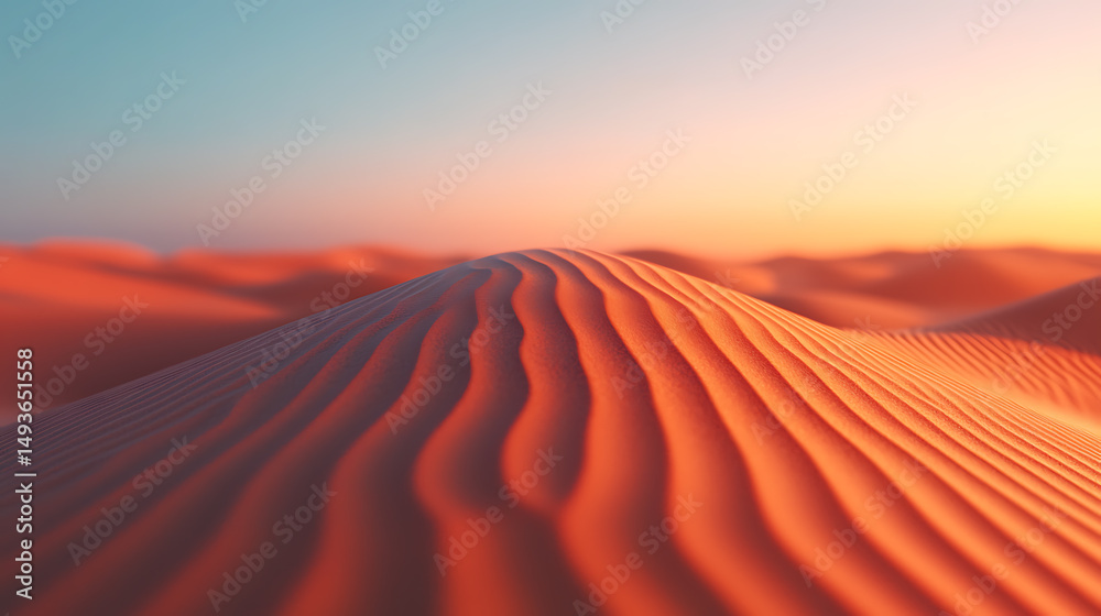 Naklejka premium Serene Desert Vista: Warm Sunset Light Over Rolling Sand Dunes Creating a Peaceful and Tranquil Natural Scene.