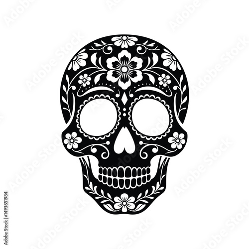 Intricate Day of the Dead Sugar Skull Silhouette – Detailed Ornamental Floral Pattern in Black and White