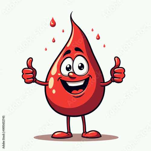 Cartoon blood droplet character smiling and giving thumbs up  