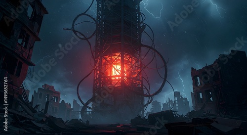 Tower Glowing in Post-apocalyptic Cityscape Under Stormy Sky