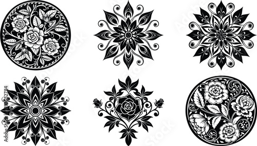 Ornate Round Flower Icons and Petal Pattern Medallions