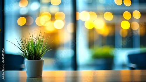 Potted grass on a wooden table with a blurred city lights background gives a cozy urban feel